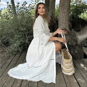 Zara White 100% Cotton Eyelet Boho Maxi Dainty Dress L